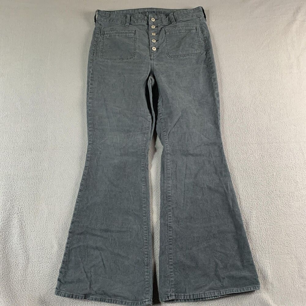 American Eagle Pants Womens 14 Gray Corduroy Hi-Rise Flare Button Fly Stretch